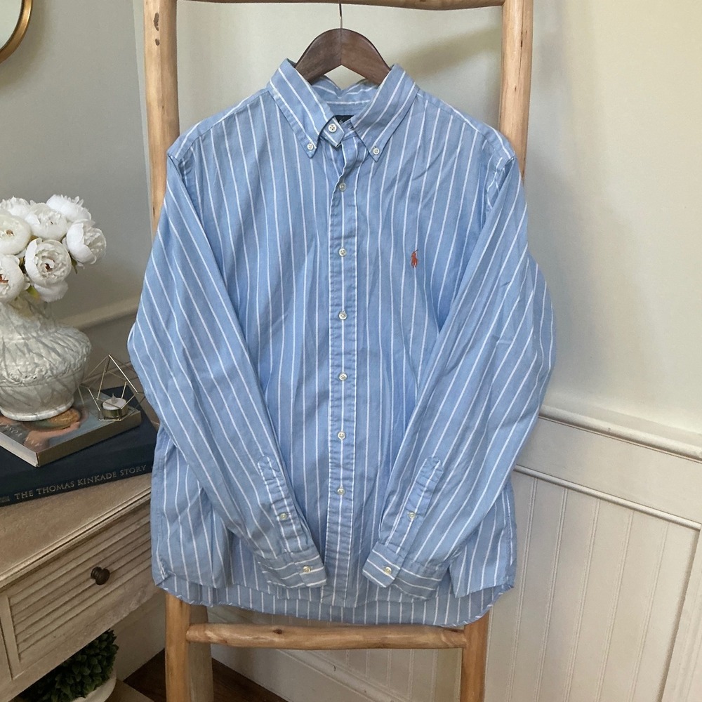 Ralph Lauren Mens Classic Fit Striped Oxford Button Down Shirt Blue White L